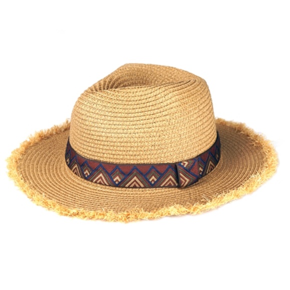 #67 FRAYED TRIM AZTEC STRAW HAT - Picture 1 of 10